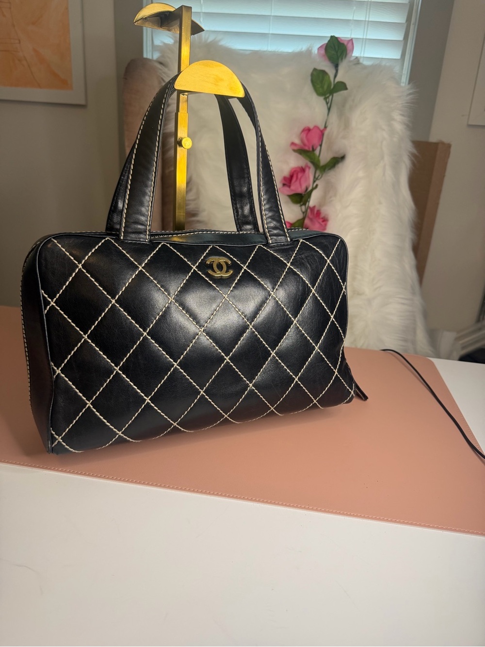 CHANEL Vintage Surpique Wild Stitch Black Leather CC Bowler Bag